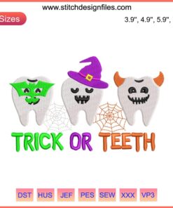 Whimsical Halloween Embroidery: Tooth with Vampire Fangs, Spooky Dental Design for Festive Stitching Projects