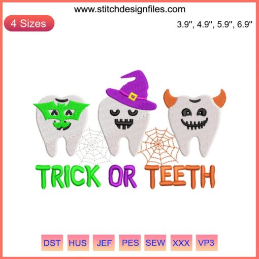 Whimsical Halloween Embroidery: Tooth with Vampire Fangs, Spooky Dental Design for Festive Stitching Projects