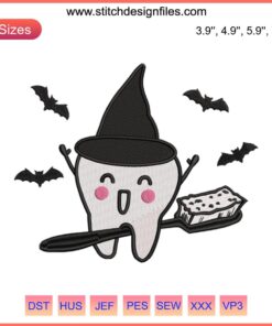 Colorful Witch Dentist Embroidery Design, Halloween theme, "Brush Your Teeth" lettering, humorous, digital stitching