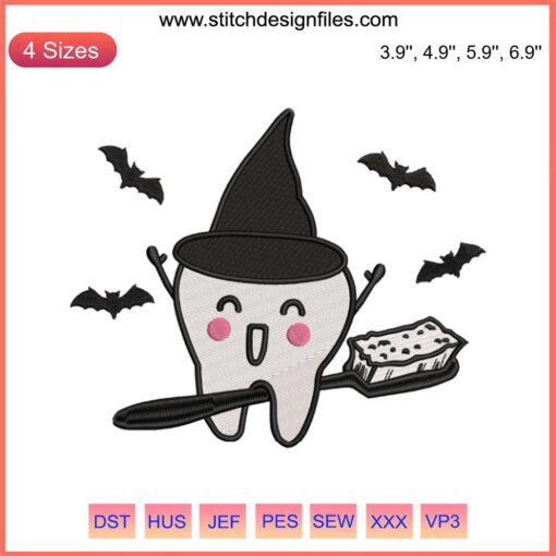 Colorful Witch Dentist Embroidery Design, Halloween theme, "Brush Your Teeth" lettering, humorous, digital stitching