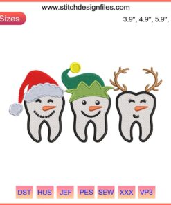 Christmas Teeth Character Embroidery Design - Festive tooth with Santa hat, snowflakes, for holiday embroidery projects