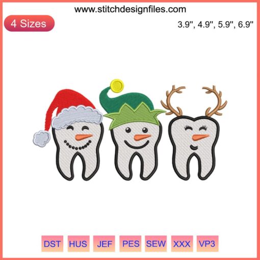 Christmas Teeth Character Embroidery Design - Festive tooth with Santa hat, snowflakes, for holiday embroidery projects