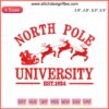 North Pole University Embroidery Design: Festive digital stitching with Christmas theme, red and green colors, intricate holiday pattern.