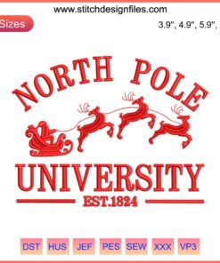 North Pole University Embroidery Design: Festive digital stitching with Christmas theme, red and green colors, intricate holiday pattern.