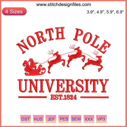 North Pole University Embroidery Design: Festive digital stitching with Christmas theme, red and green colors, intricate holiday pattern.