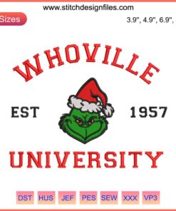 Grinch Christmas Embroidery Design: Whoville University-themed digital stitching pattern for holiday crafts.