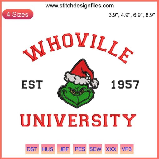 Grinch Christmas Embroidery Design: Whoville University-themed digital stitching pattern for holiday crafts.