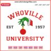 Whoville University Est 1957 embroidery design featuring Grinch Christmas theme, perfect for digital stitching projects.