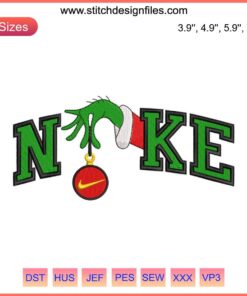 Nike Grinch Hand Embroidery Design featuring Christmas digital stitching, perfect for holiday-themed handmade garments.