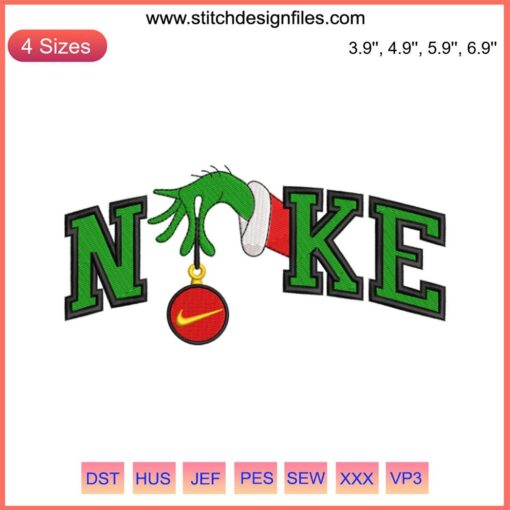 Nike Grinch Hand Embroidery Design featuring Christmas digital stitching, perfect for holiday-themed handmade garments.