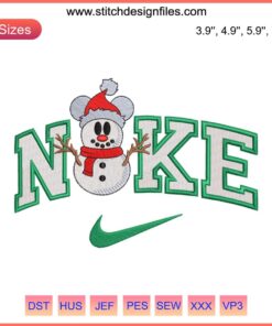 Nike Snowman Mickey Mouse Embroidery Design: Nike Christmas digitizing file featuring Mickey Mouse as a snowman.