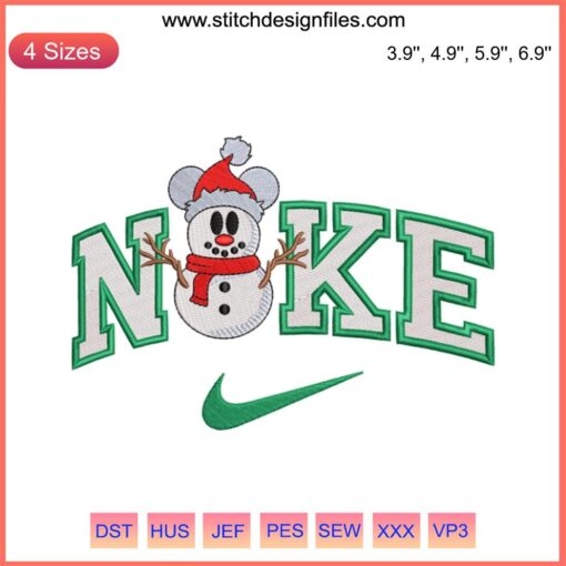 Nike Snowman Mickey Mouse Embroidery Design: Nike Christmas digitizing file featuring Mickey Mouse as a snowman.