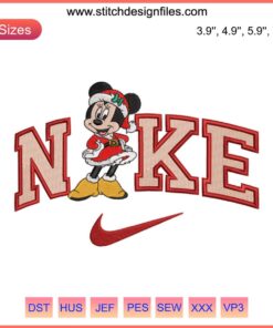 Nike Minnie Mouse Christmas Embroidery Design featuring Mickey & Minnie in festive attire; perfect for holiday-themed projects.