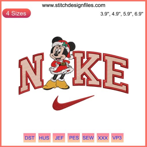 Nike Minnie Mouse Christmas Embroidery Design featuring Mickey & Minnie in festive attire; perfect for holiday-themed projects.