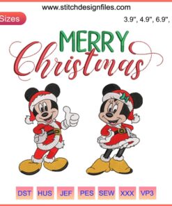Christmas Mickey and Minnie Embroidery Design: Festive digital stitching of Disney characters, perfect for holiday crafts.