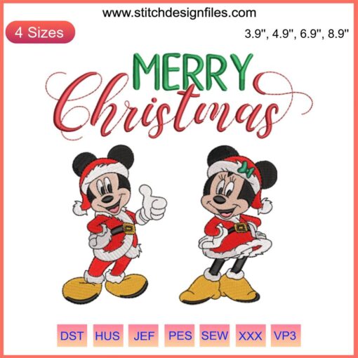 Christmas Mickey and Minnie Embroidery Design: Festive digital stitching of Disney characters, perfect for holiday crafts.