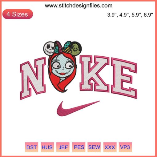 Nike x Sally Halloween Embroidery Design featuring The Nightmare Before Christmas themed digital stitching.