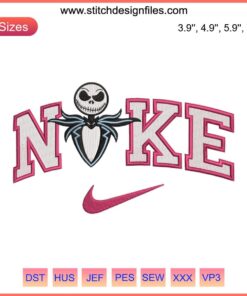 Jack Skellington embroidery design on Nike sneaker, inspired by The Nightmare Before Christmas. Digital stitching, unique customization.