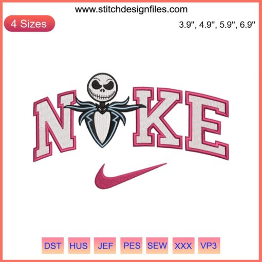 Jack Skellington embroidery design on Nike sneaker, inspired by The Nightmare Before Christmas. Digital stitching, unique customization.