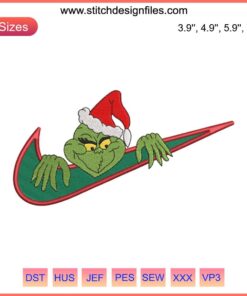 Grinch Swoosh Embroidery Design: Festive Grinch Face, Noel Stitching, Digital Embroidery Pattern, Christmas Craft Download.