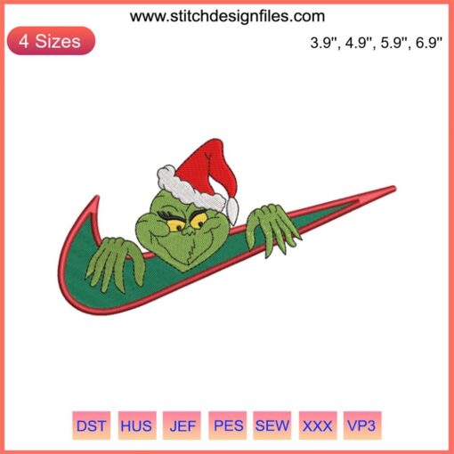 Grinch Swoosh Embroidery Design: Festive Grinch Face, Noel Stitching, Digital Embroidery Pattern, Christmas Craft Download.