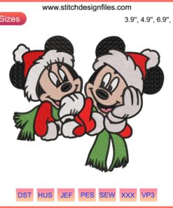 Mickey and Minnie Mouse Christmas Embroidery Design, Disney-inspired, festive digital stitching for holiday crafts.