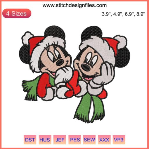 Mickey and Minnie Mouse Christmas Embroidery Design, Disney-inspired, festive digital stitching for holiday crafts.