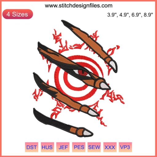 Kurama Kyuubi Claw Seal Embroidery Design featuring iconic Naruto anime stitching pattern, detailed digital art.
