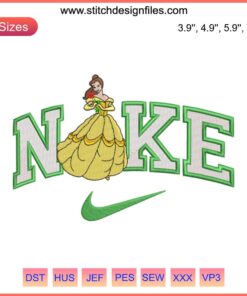 Embroidery design featuring Belle from Disney's Beauty and the Beast with Nike logo, perfect for digital stitching projects.