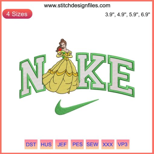 Embroidery design featuring Belle from Disney's Beauty and the Beast with Nike logo, perfect for digital stitching projects.