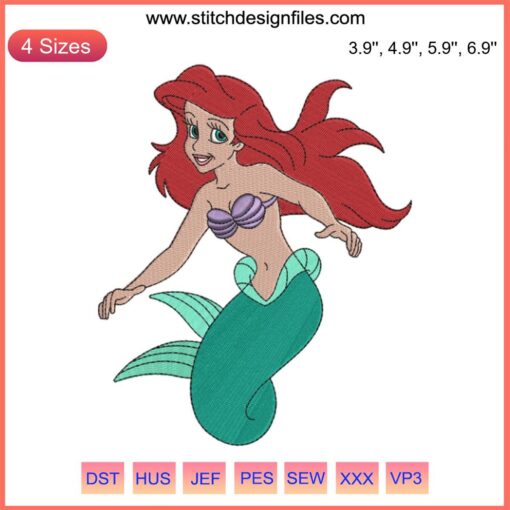 Mermaid Ariel Embroidery Design | The Little Mermaid Digital Stitching | Intricate Disney Princess Pattern for Craft Projects