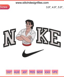 Embroidery design of Prince Eric and Ariel inspired by Nike, showcasing couple embroidery digitizing file for unique apparel.
