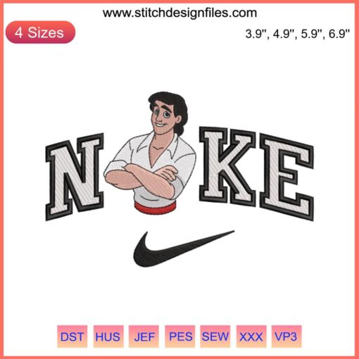 Embroidery design of Prince Eric and Ariel inspired by Nike, showcasing couple embroidery digitizing file for unique apparel.