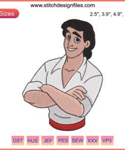 Prince Eric embroidery design: Disney's Little Mermaid character, detailed digital stitching, perfect for DIY projects.