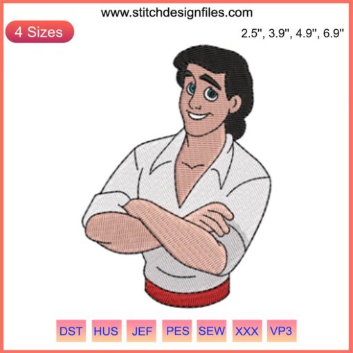 Prince Eric embroidery design: Disney's Little Mermaid character, detailed digital stitching, perfect for DIY projects.