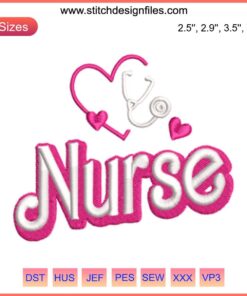 Nurse Pink Heart Embroidery Design: Charming digital stitching with a pink heart, perfect for nurse-themed embroidery projects.