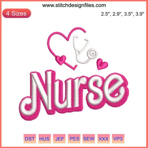 Nurse Pink Heart Embroidery Design: Charming digital stitching with a pink heart, perfect for nurse-themed embroidery projects.