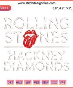 Rolling Stones Hackney Diamonds Embroidery Design, featuring iconic tongue logo with sparkling diamond accents, digital stitching.