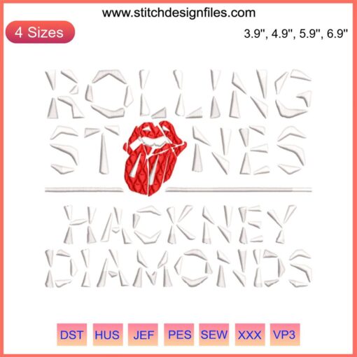 Rolling Stones Hackney Diamonds Embroidery Design, featuring iconic tongue logo with sparkling diamond accents, digital stitching.