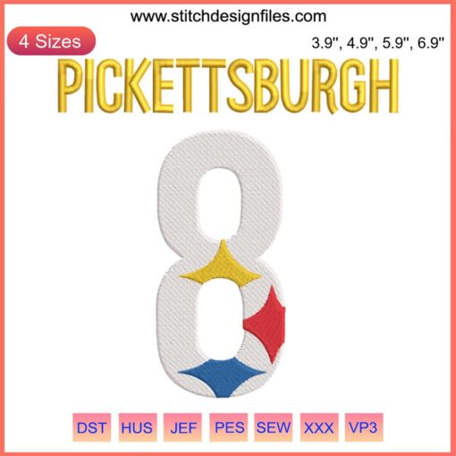 Pickettsburgh 8 Embroidery Design featuring Steelers Football logo, perfect for digital stitching projects and NFL fans.
