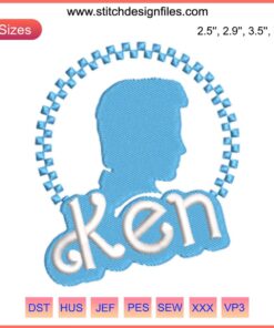 Ken embroidery design inspired by Barbie movie, featuring digital stitching with vibrant colors and intricate detailing.