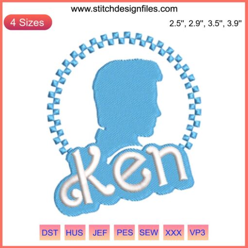 Ken embroidery design inspired by Barbie movie, featuring digital stitching with vibrant colors and intricate detailing.
