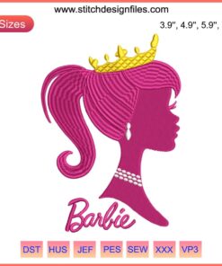 Barbie Princess Embroidery Design featuring elegant Barbie silhouette in regal attire for movie-themed digital stitching projects.