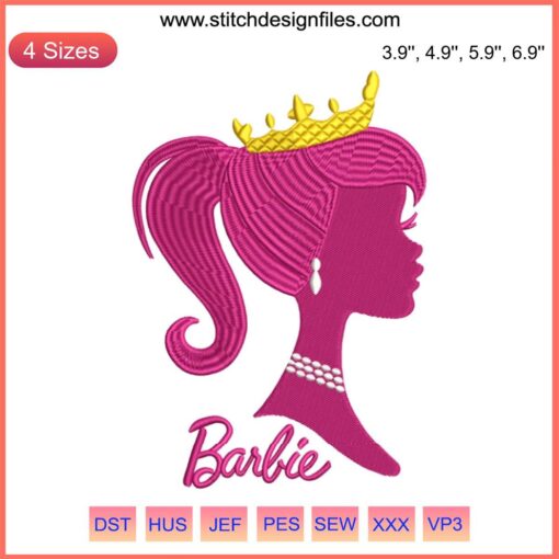Barbie Princess Embroidery Design featuring elegant Barbie silhouette in regal attire for movie-themed digital stitching projects.