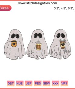 Ghosts Drink Coffee Embroidery Design | Halloween Funny Embroidery File | Spooky Ghosts with Coffee Cup Stitching Pattern