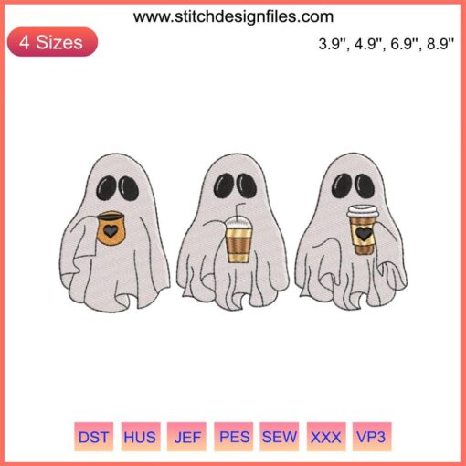 Ghosts Drink Coffee Embroidery Design | Halloween Funny Embroidery File | Spooky Ghosts with Coffee Cup Stitching Pattern