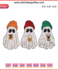 Cute ghost sipping coffee embroidery design, perfect for Halloween crafts. Ghost drinking coffee digitizing file for embroidery.