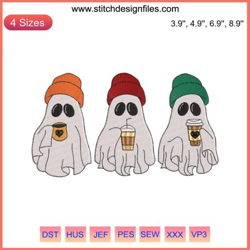 Cute ghost sipping coffee embroidery design, perfect for Halloween crafts. Ghost drinking coffee digitizing file for embroidery.
