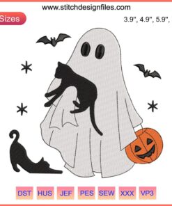 Ghost Pumpkin Cat Embroidery Design: Halloween ghost with cat pattern, digital file for embroidery projects. Spooky and cute motif.