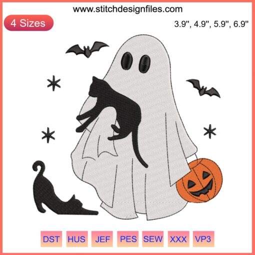 Ghost Pumpkin Cat Embroidery Design: Halloween ghost with cat pattern, digital file for embroidery projects. Spooky and cute motif.
